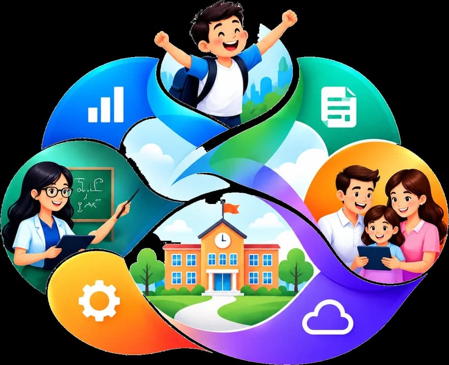 A student, a teacher and a family connected by one colourful ribbon
